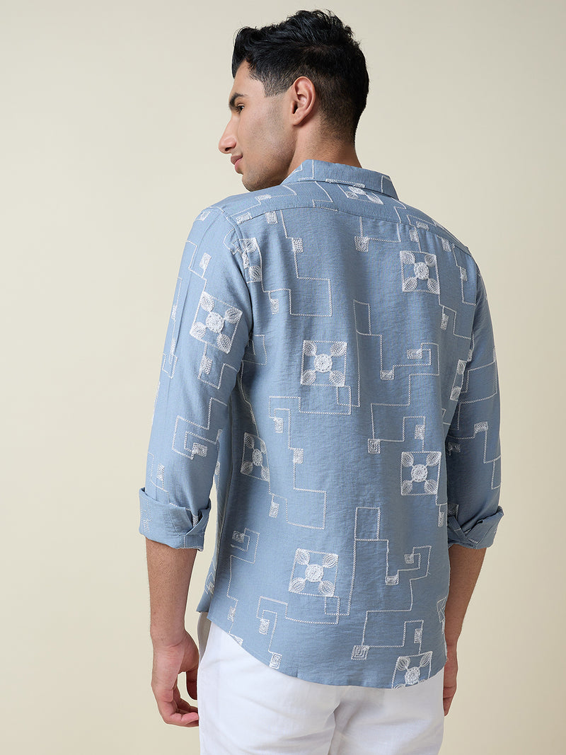 Thomas Scott Men Blue Long Sleeves Spread Collar Slim Fit Embroidered Shirt