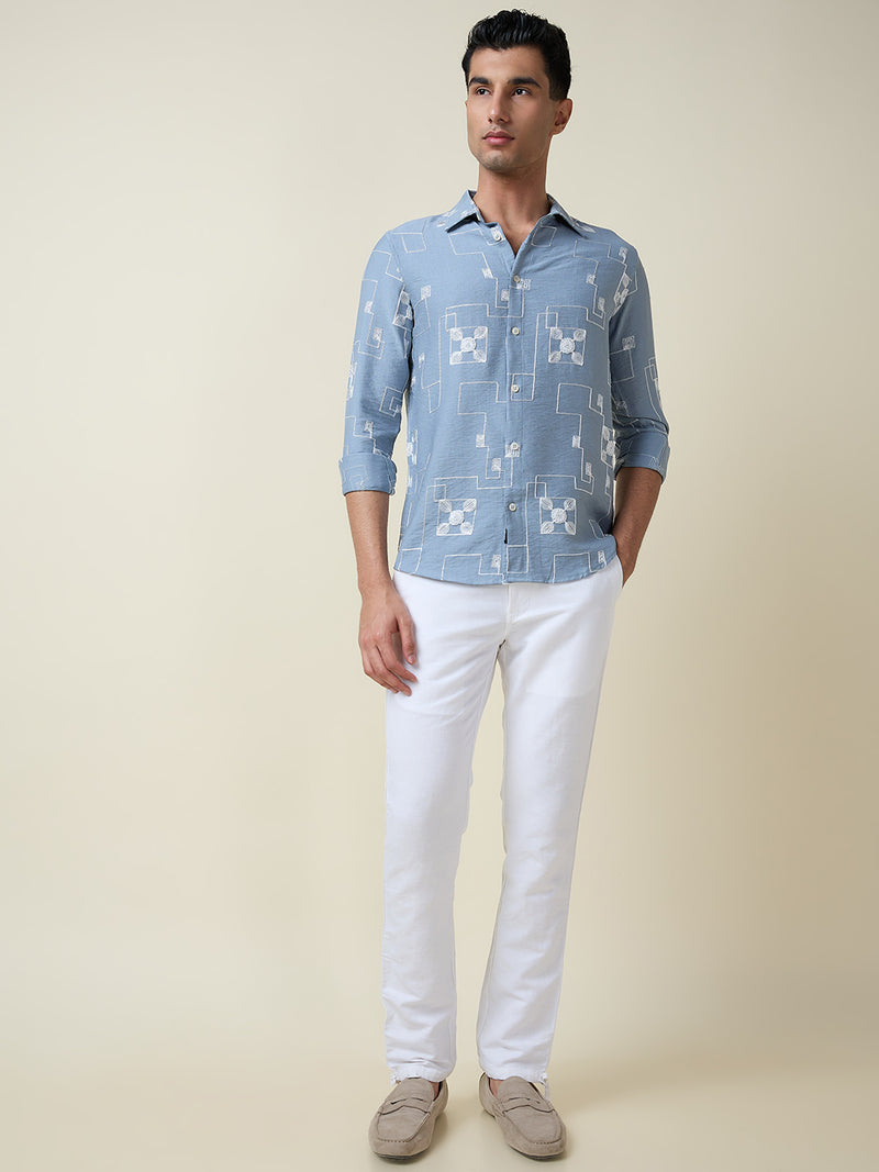Thomas Scott Men Blue Long Sleeves Spread Collar Slim Fit Embroidered Shirt