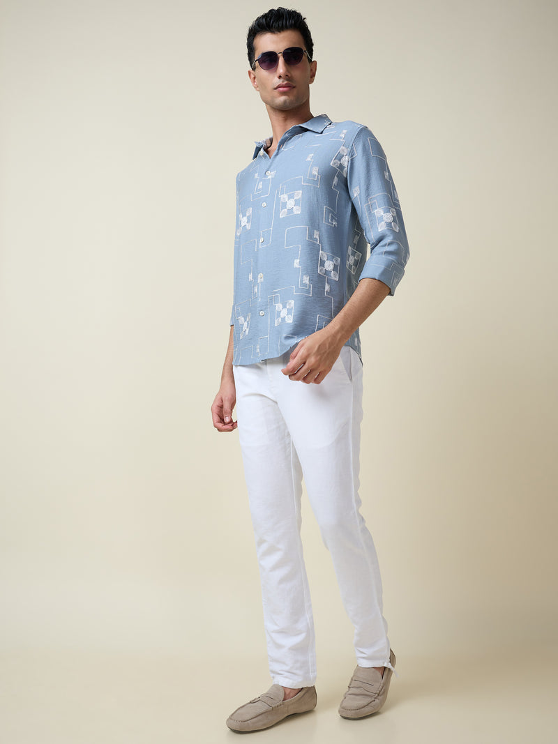 Thomas Scott Men Blue Long Sleeves Spread Collar Slim Fit Embroidered Shirt