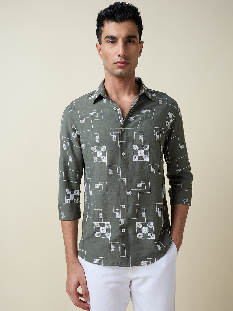 Thomas Scott Men Olive Long Sleeves Spread Collar Slim Fit Embroidered Shirt