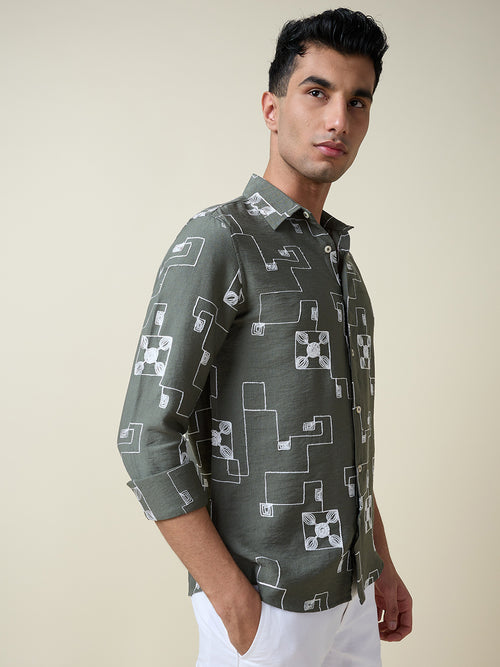 Thomas Scott Men Olive Long Sleeves Spread Collar Slim Fit Embroidered Shirt