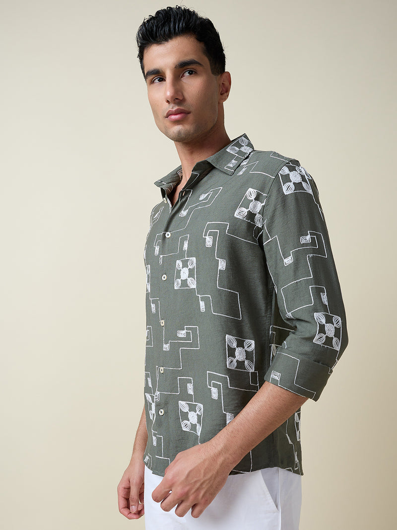 Thomas Scott Men Olive Long Sleeves Spread Collar Slim Fit Embroidered Shirt