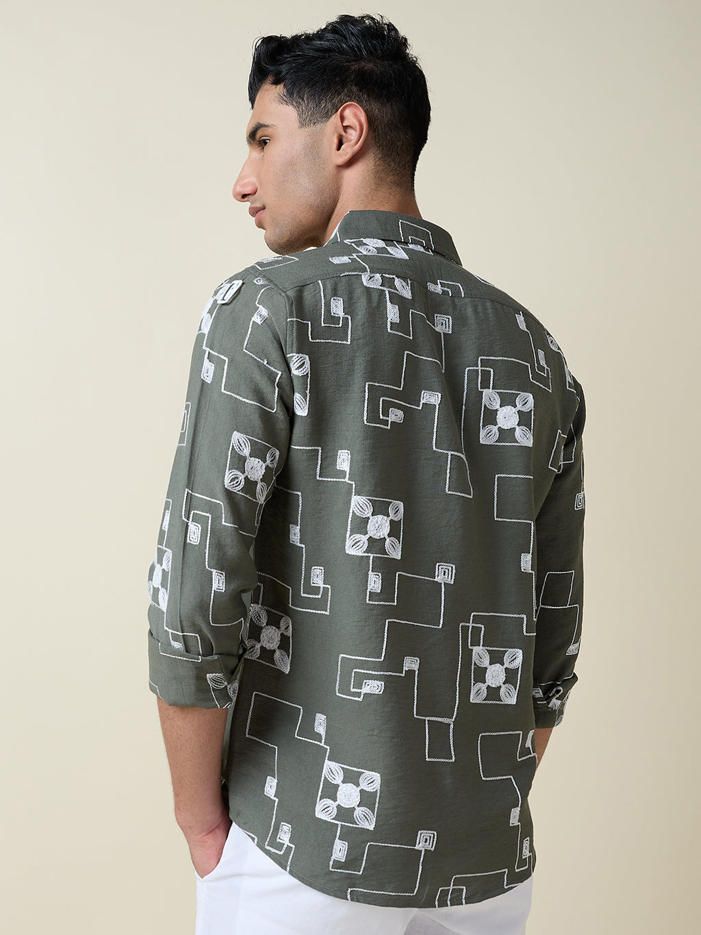 Thomas Scott Men Olive Long Sleeves Spread Collar Slim Fit Embroidered Shirt