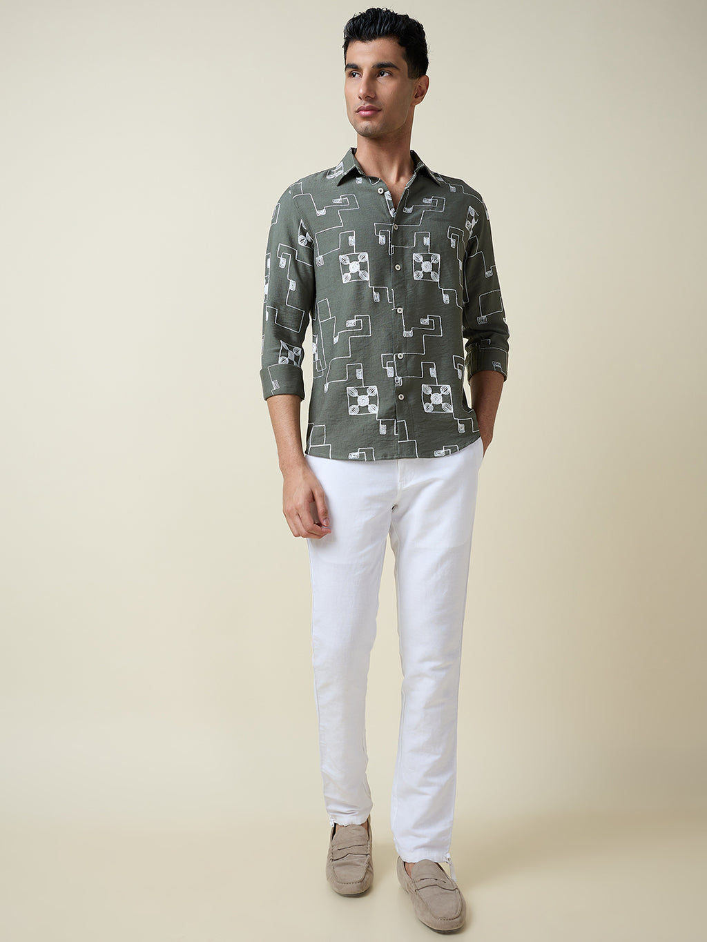 Thomas Scott Men Olive Long Sleeves Spread Collar Slim Fit Embroidered Shirt