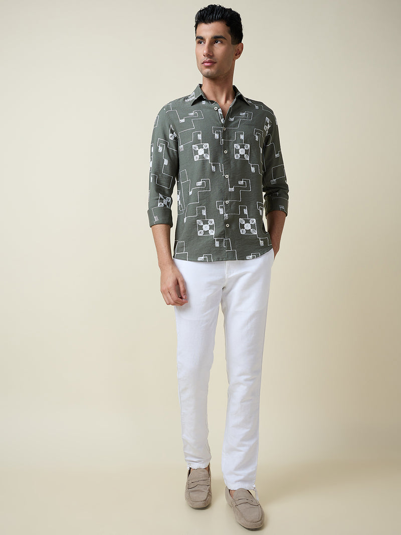 Thomas Scott Men Olive Long Sleeves Spread Collar Slim Fit Embroidered Shirt