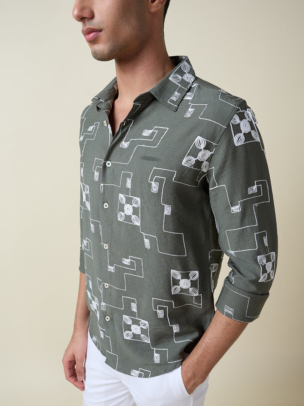 Thomas Scott Men Olive Long Sleeves Spread Collar Slim Fit Embroidered Shirt