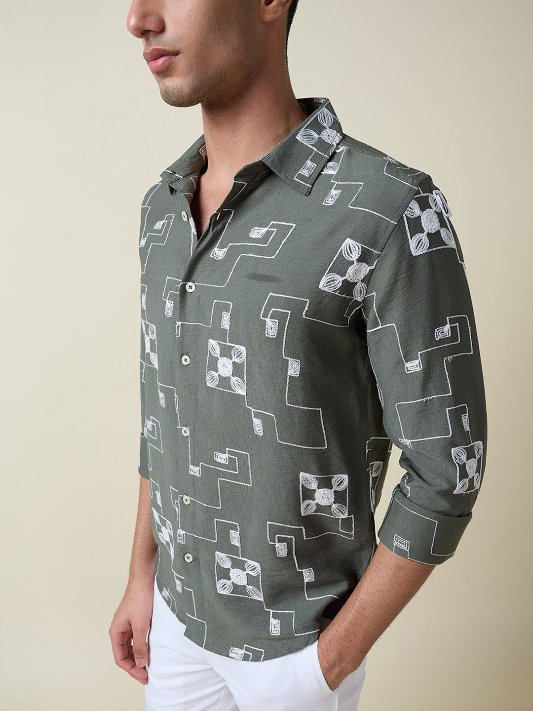 Thomas Scott Men Olive Long Sleeves Spread Collar Slim Fit Embroidered Shirt
