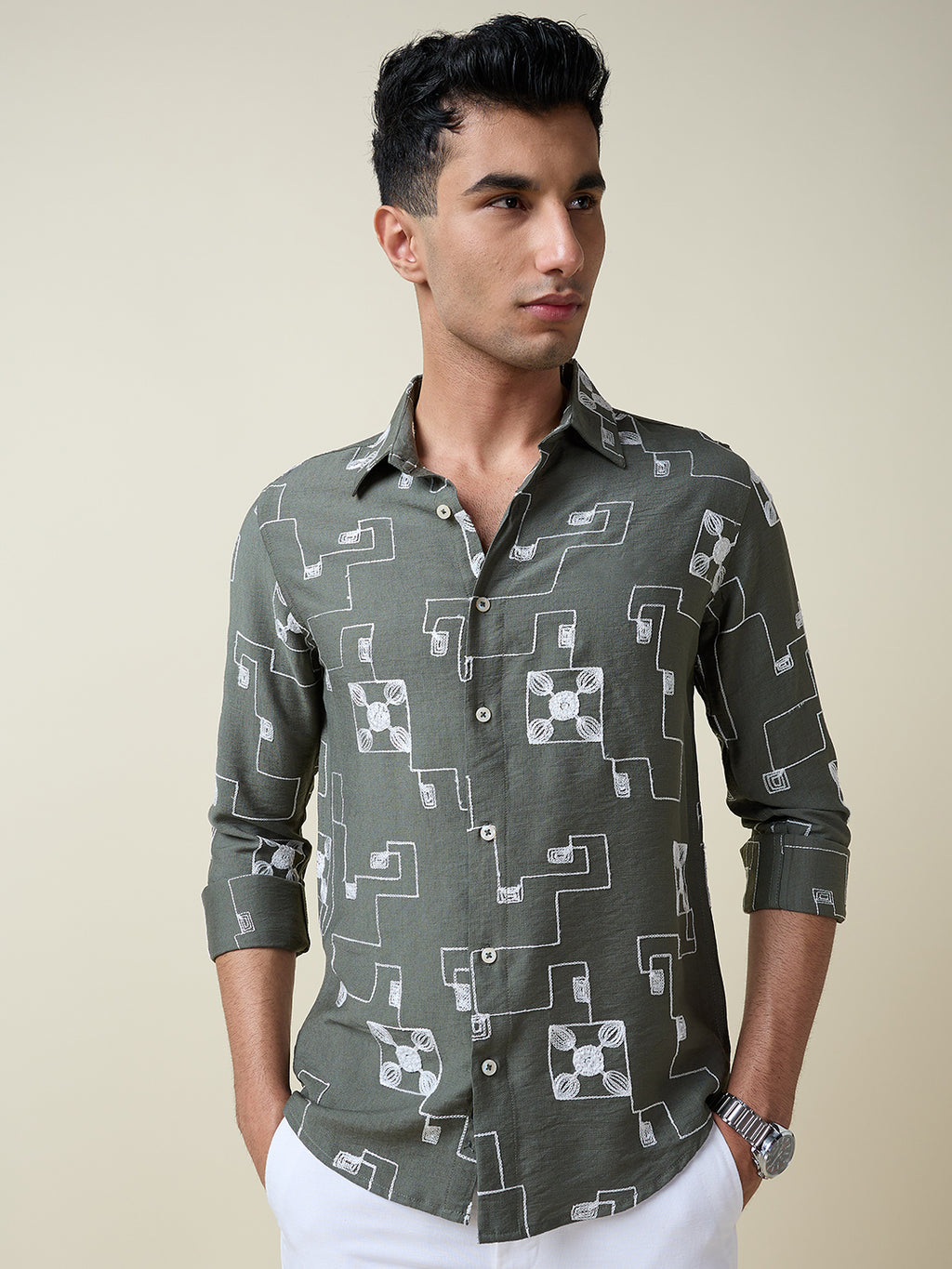 Thomas Scott Men Olive Long Sleeves Spread Collar Slim Fit Embroidered Shirt