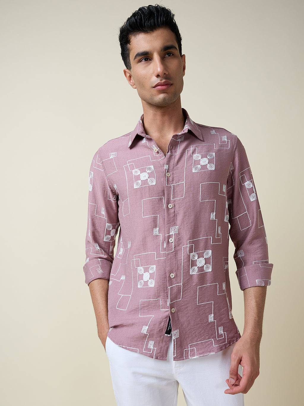 Thomas Scott Men Pink Long Sleeves Spread Collar Slim Fit Embroidered Shirt