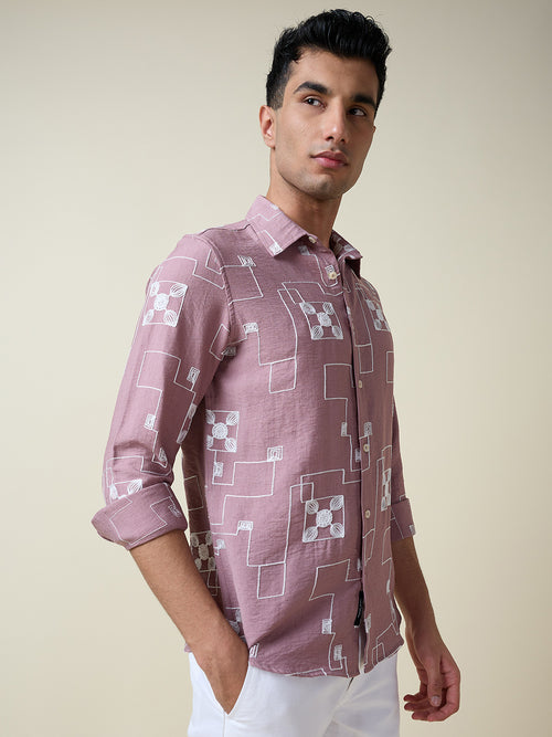 Thomas Scott Men Pink Long Sleeves Spread Collar Slim Fit Embroidered Shirt