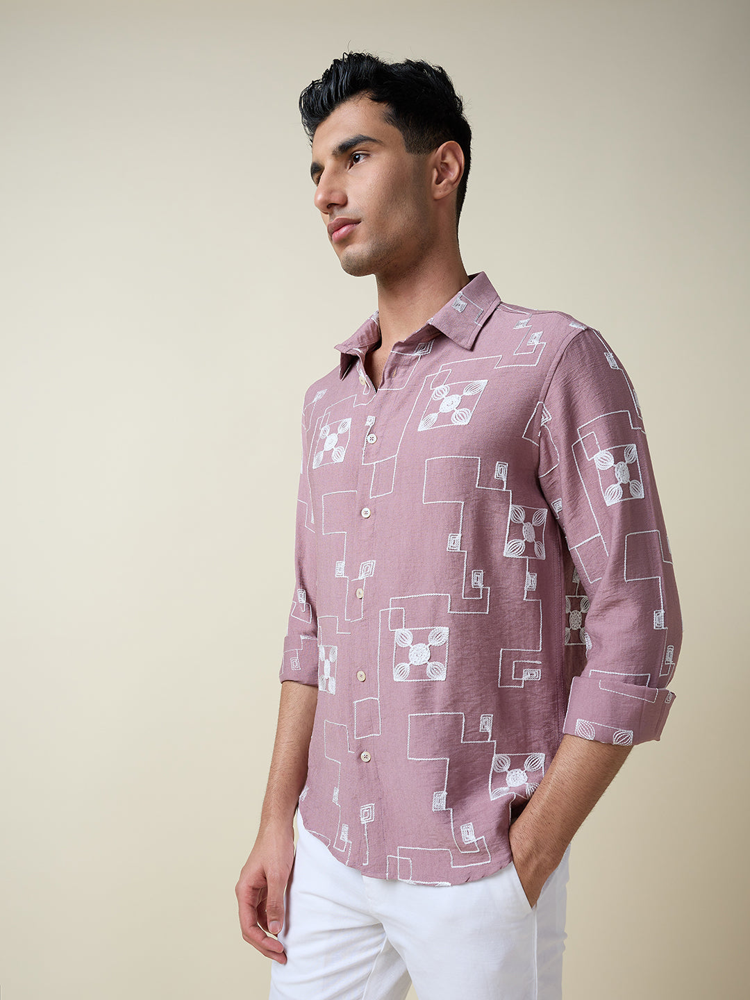 Thomas Scott Men Pink Long Sleeves Spread Collar Slim Fit Embroidered Shirt
