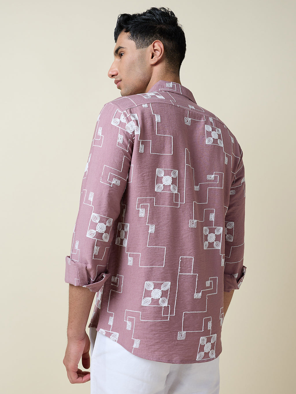 Thomas Scott Men Pink Long Sleeves Spread Collar Slim Fit Embroidered Shirt