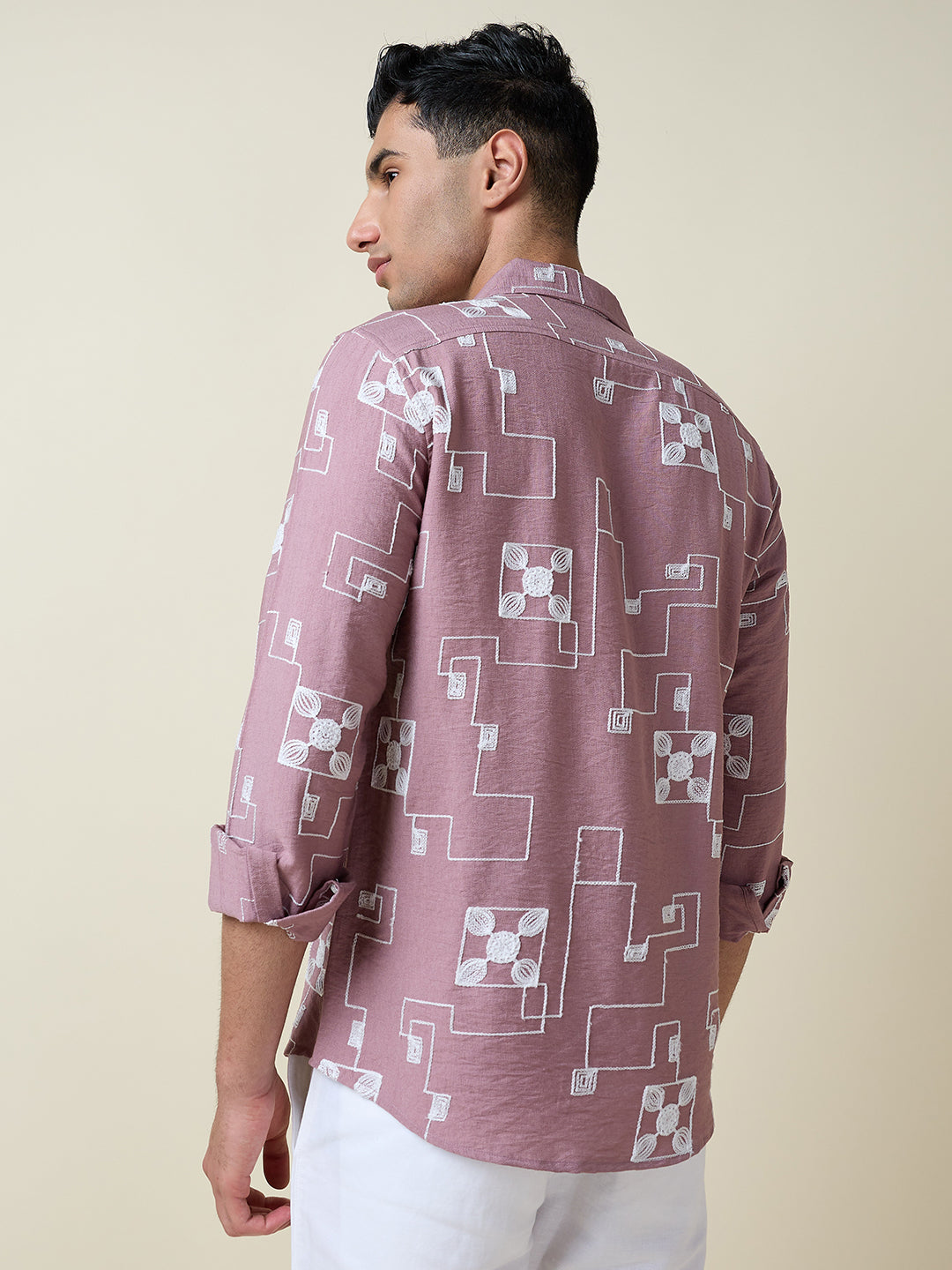 Thomas Scott Men Pink Long Sleeves Spread Collar Slim Fit Embroidered Shirt