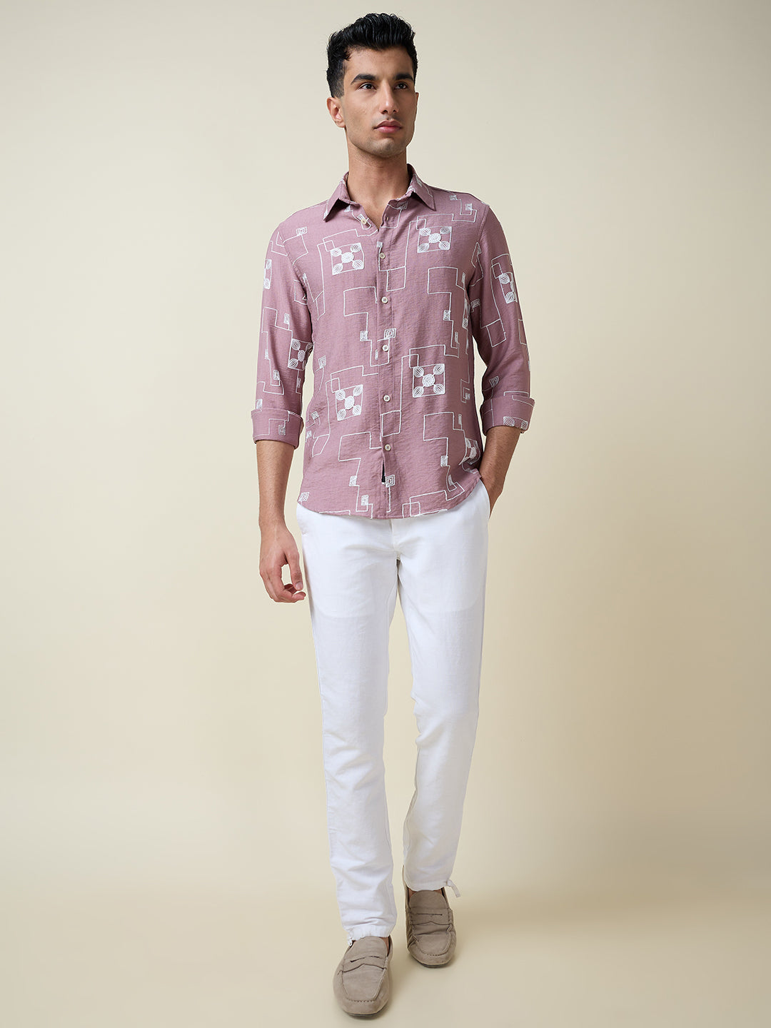 Thomas Scott Men Pink Long Sleeves Spread Collar Slim Fit Embroidered Shirt