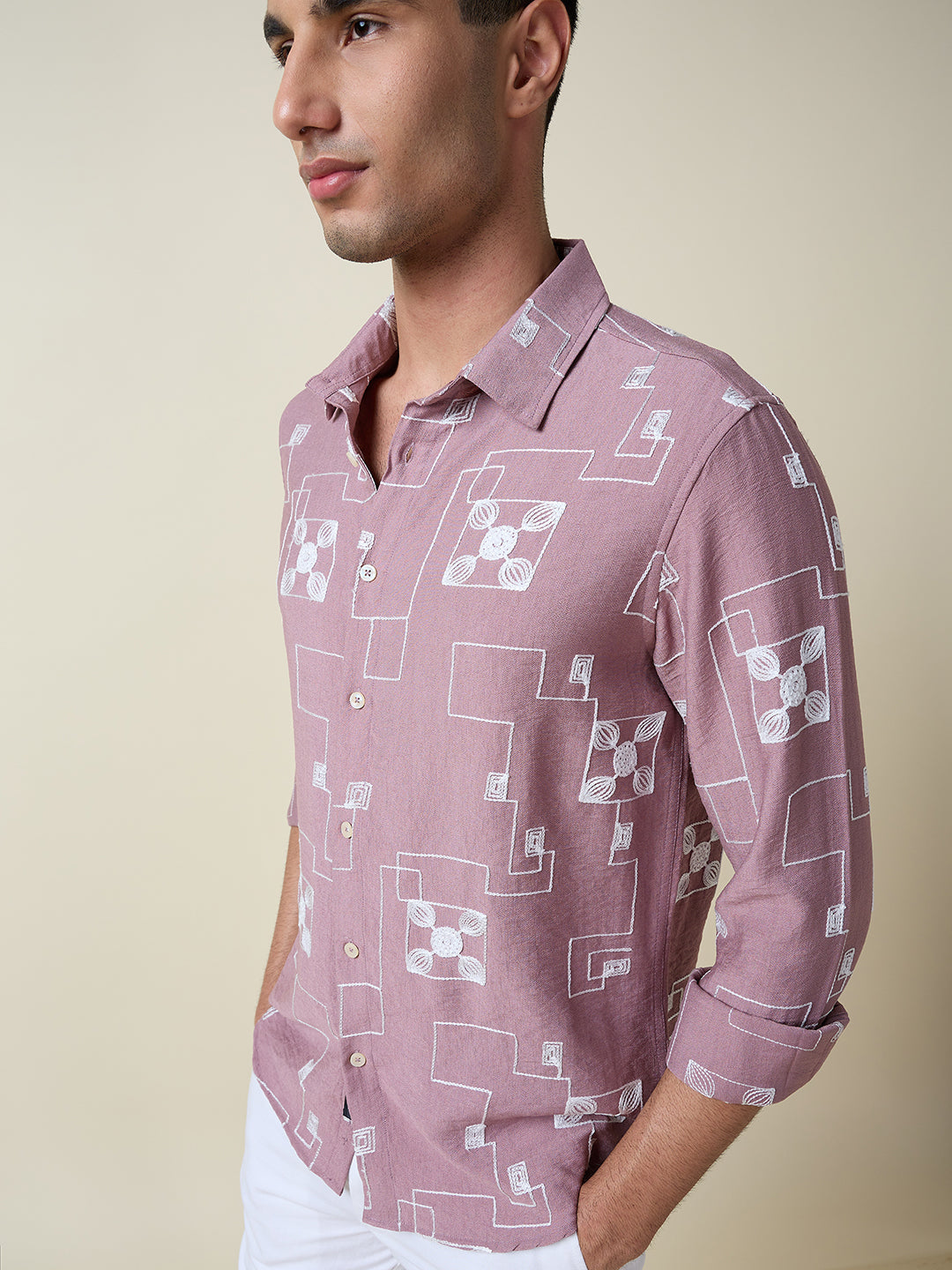 Thomas Scott Men Pink Long Sleeves Spread Collar Slim Fit Embroidered Shirt