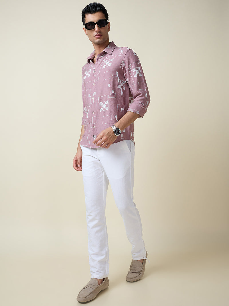 Thomas Scott Men Pink Long Sleeves Spread Collar Slim Fit Embroidered Shirt