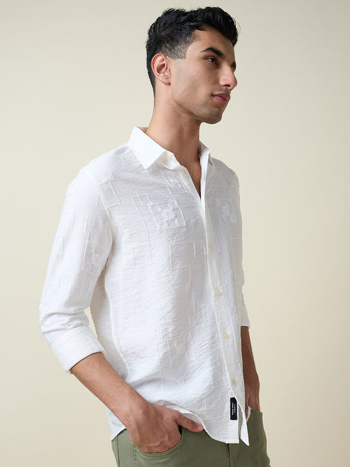 Thomas Scott Men White Long Sleeves Spread Collar Slim Fit Embroidered Shirt