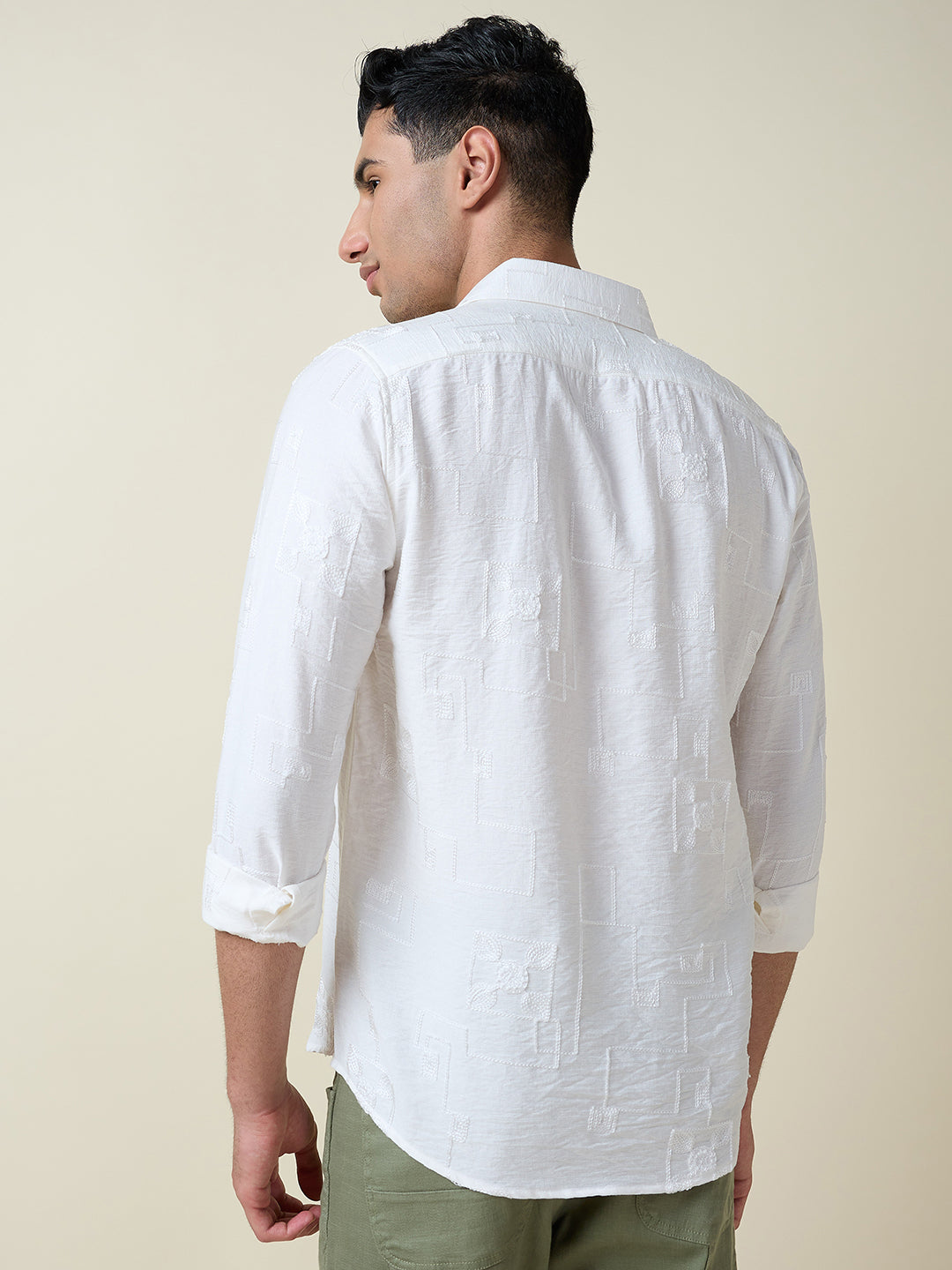 Thomas Scott Men White Long Sleeves Spread Collar Slim Fit Embroidered Shirt