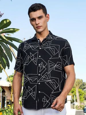 Black Regular Fit Short Sleeves Spread Collar Embroidered Shirt For Men