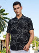 Black Regular Fit Short Sleeves Spread Collar Embroidered Shirt For Men
