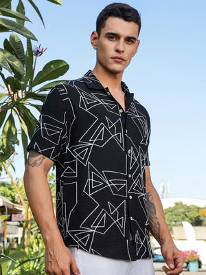 Black Regular Fit Short Sleeves Spread Collar Embroidered Shirt For Men
