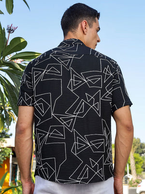 Black Regular Fit Short Sleeves Spread Collar Embroidered Shirt For Men