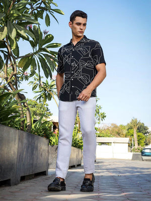 Black Regular Fit Short Sleeves Spread Collar Embroidered Shirt For Men