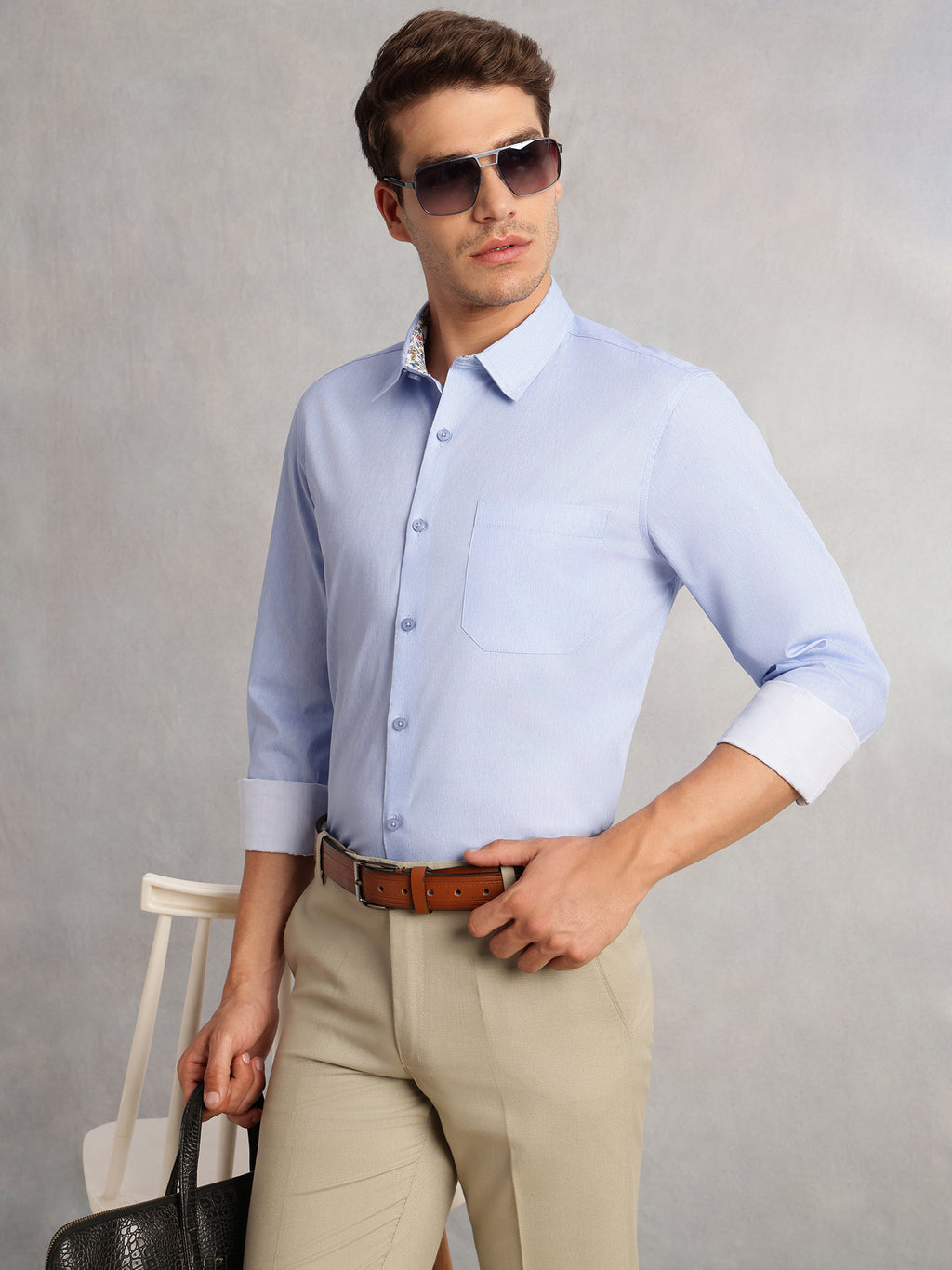 Thomas Scott Men Sky Blue Premium Regular Fit Long Sleeves Spread Collar Solid 100% Cotton Formal Shirt