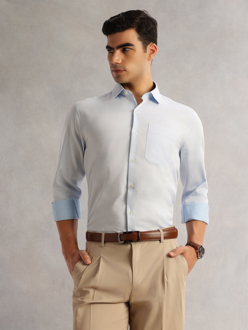 Thomas Scott Men Light Blue Regular Fit Long Sleeves Cutaway Collar 100% Cotton Dobby Formal Shirt