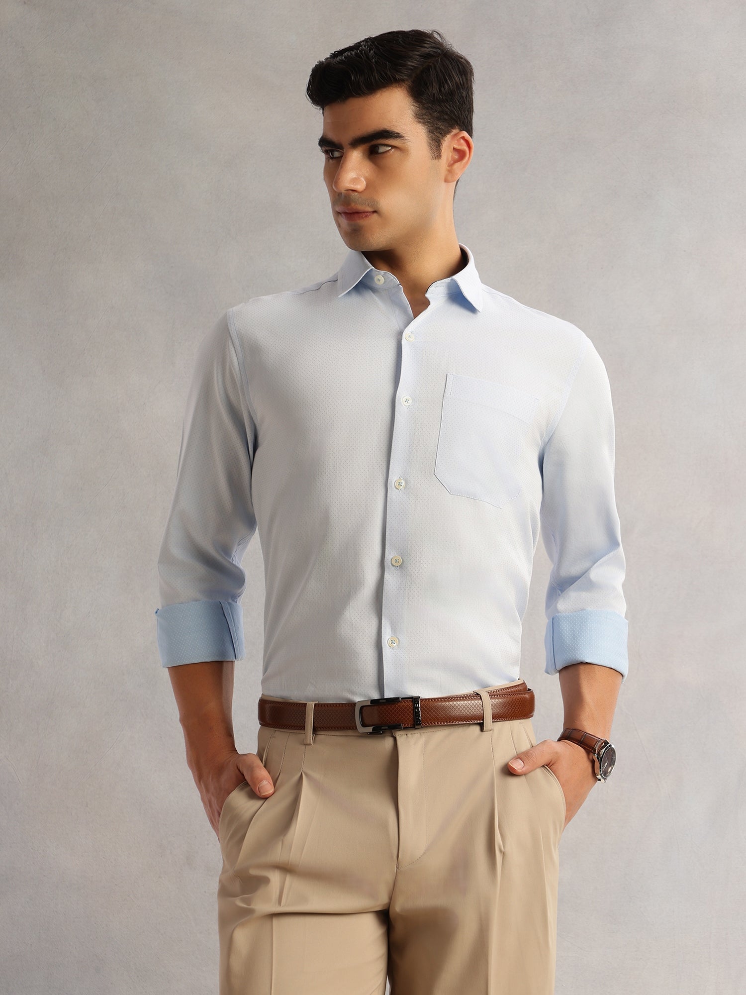Thomas Scott Men Light Blue Regular Fit Long Sleeves Cutaway Collar 100% Cotton Dobby Formal Shirt