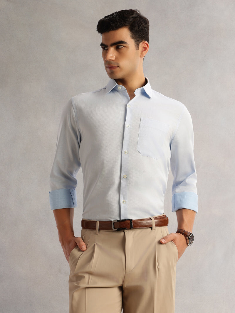 Thomas Scott Men Light Blue Regular Fit Long Sleeves Cutaway Collar 100% Cotton Dobby Formal Shirt