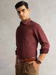 Wine Regular Fit Long Sleeves Cutaway Collar Geometric Printed 100% Cotton Satin Formal Shirt For Men