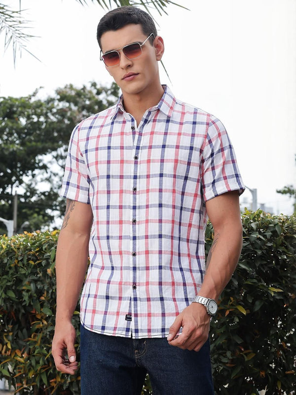 Red Slim Fit Short Sleeves Spread Collar Tartan Checks Casual Shirt For Men