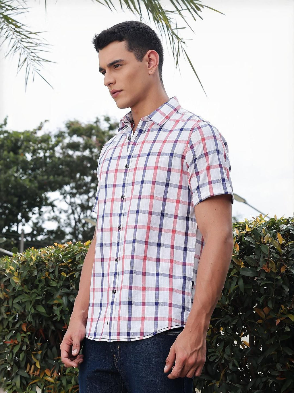 Red Slim Fit Short Sleeves Spread Collar Tartan Checks Casual Shirt For Men