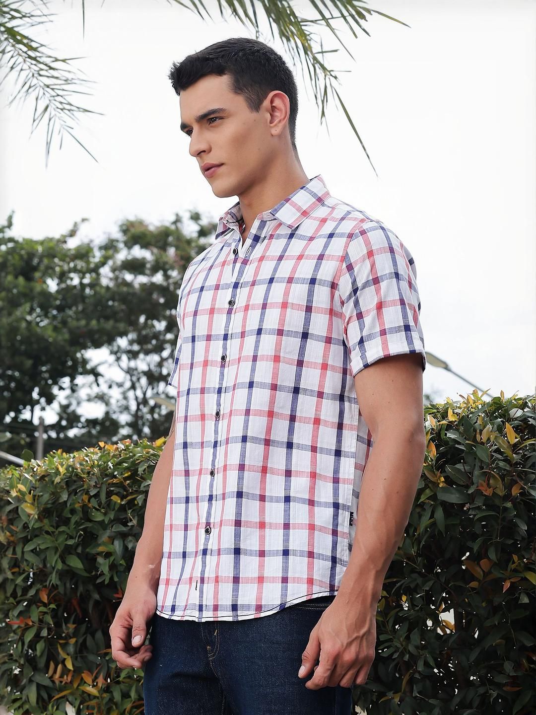 Red Slim Fit Short Sleeves Spread Collar Tartan Checks Casual Shirt For Men