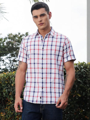 Red Slim Fit Short Sleeves Spread Collar Tartan Checks Casual Shirt For Men