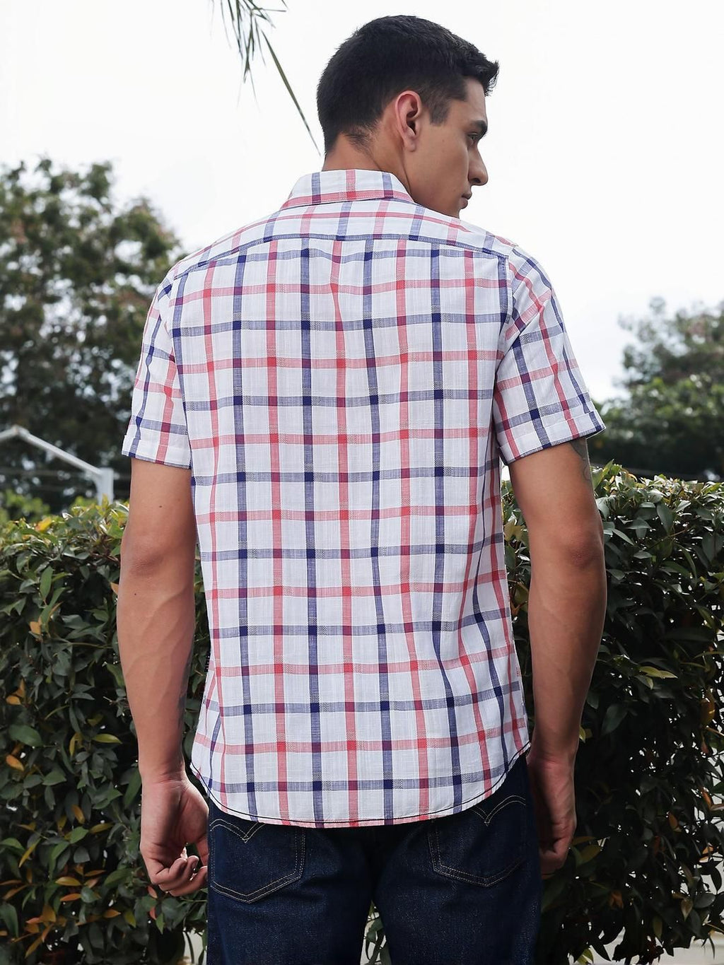 Red Slim Fit Short Sleeves Spread Collar Tartan Checks Casual Shirt For Men