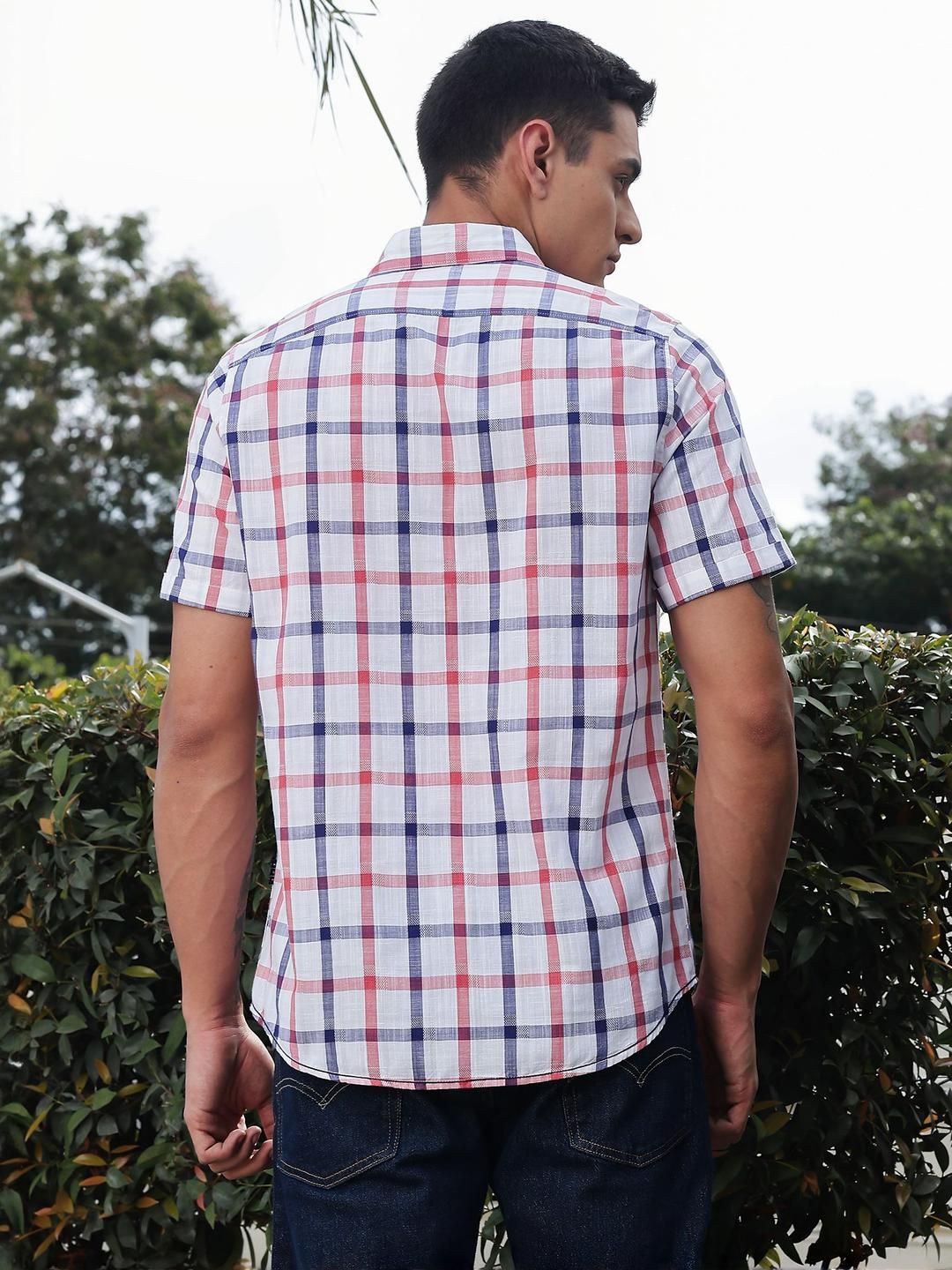 Red Slim Fit Short Sleeves Spread Collar Tartan Checks Casual Shirt For Men