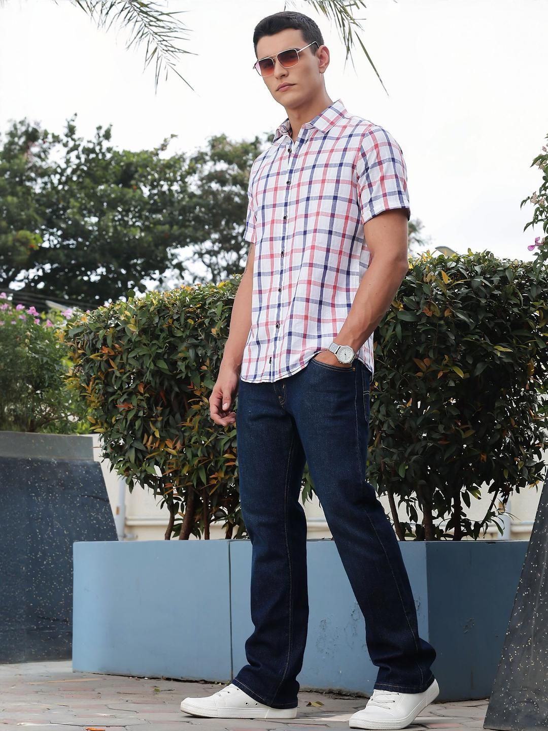 Red Slim Fit Short Sleeves Spread Collar Tartan Checks Casual Shirt For Men