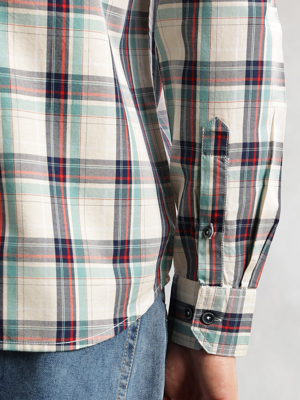 Thomas Scott Men Beige Slim Fit Long Sleeves Spread Collar Tartan Check 100% Cotton Casual Shirt