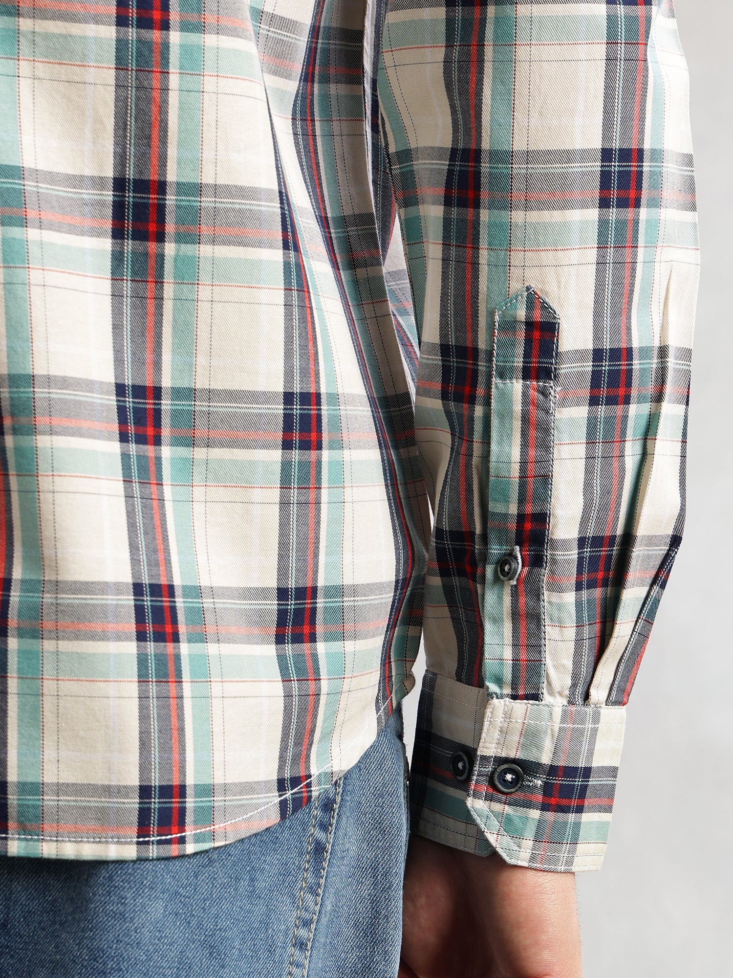 Thomas Scott Men Beige Slim Fit Long Sleeves Spread Collar Tartan Check 100% Cotton Casual Shirt