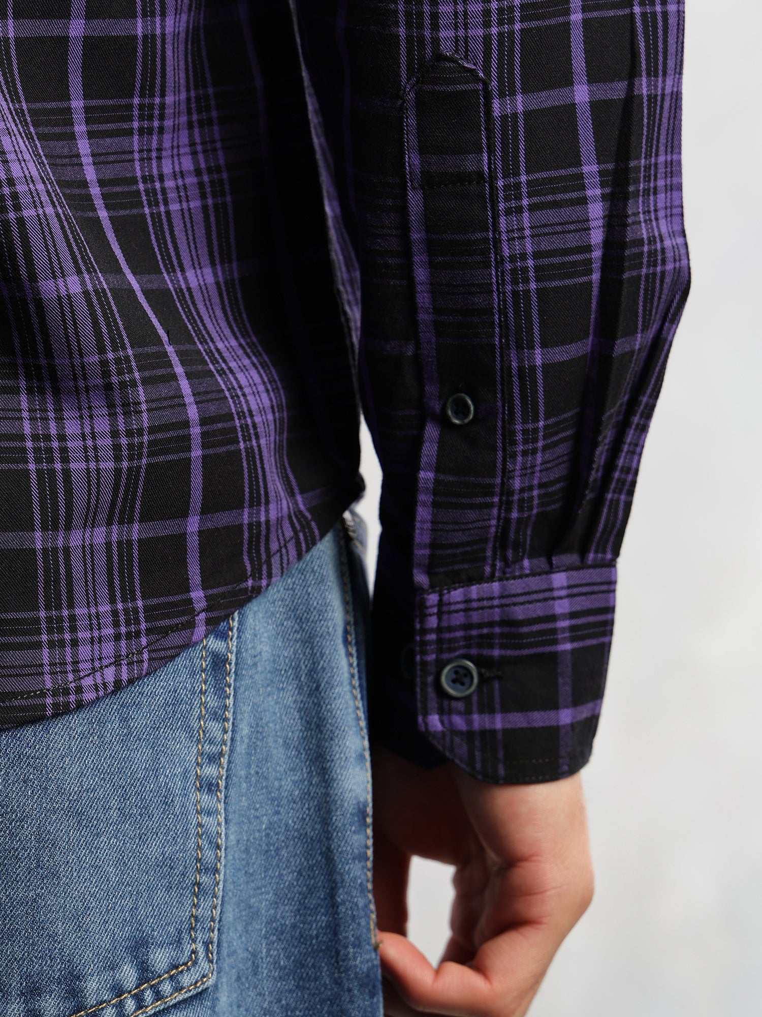 Thomas Scott Men Purple Slim Fit Long Sleeves Spread Collar Tartan Check 100% Cotton Casual Shirt
