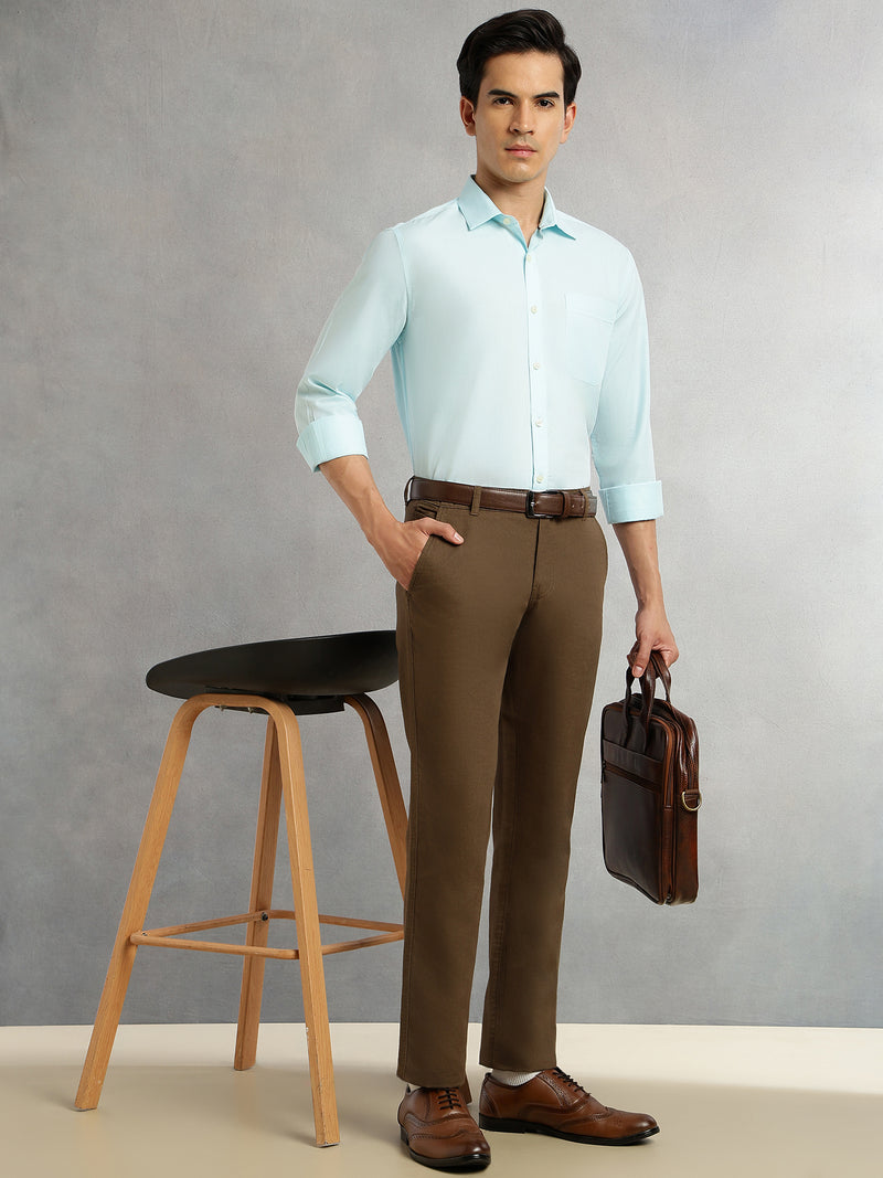 Thomas Scott Men Aqua Regular Fit Long Sleeves Spread Collar with Twill Tape Solid 100% Cotton Formal Shirt
