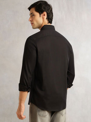 Black Slim Fit Long Sleeves Solid Spread Collar 100% Cotton Twill Casual Shirt For Men