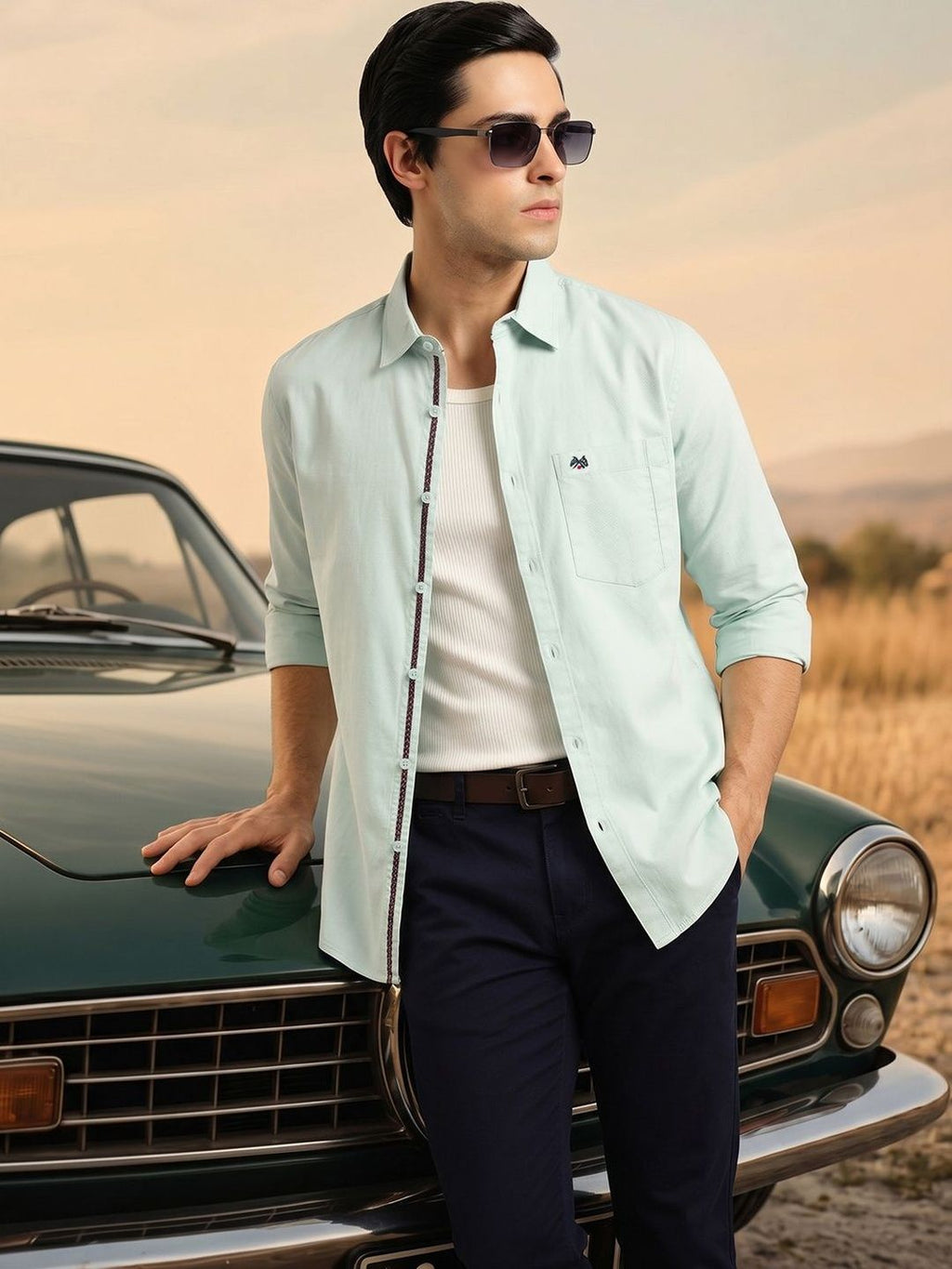 Green Slim Fit Long Sleeves Solid Spread Collar 100% Cotton Twill Casual Shirt For Men