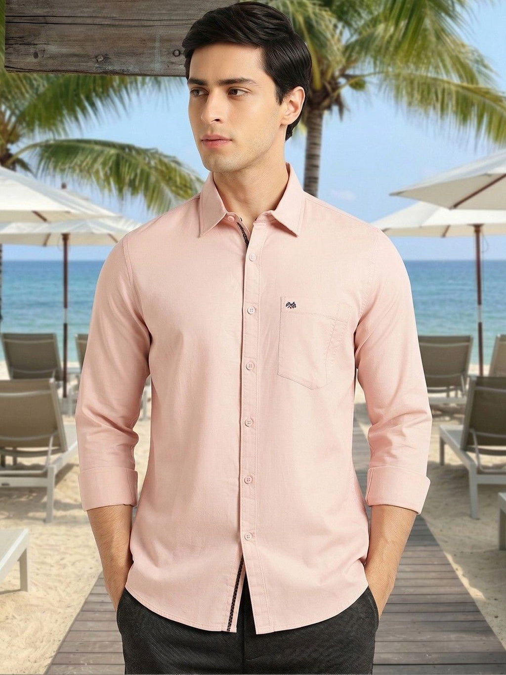 Pink Slim Fit Long Sleeves Solid Spread Collar 100% Cotton Twill Casual Shirt For Men