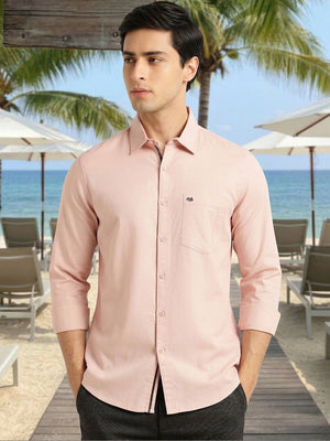 Pink Slim Fit Long Sleeves Solid Spread Collar 100% Cotton Twill Casual Shirt For Men