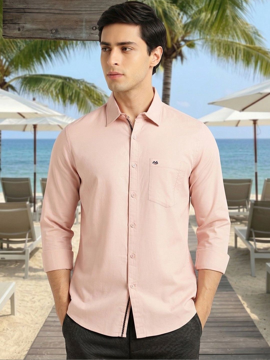 Pink Slim Fit Long Sleeves Solid Spread Collar 100% Cotton Twill Casual Shirt For Men