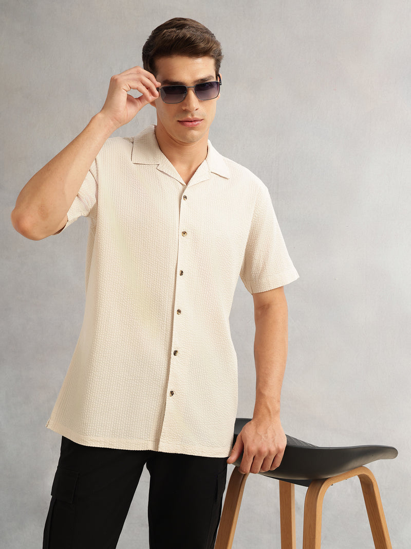 Thomas Scott Men Beige Premium Oversized Fit Short Sleeves Cuban Collar 100% Cotton Seersucker Shirt