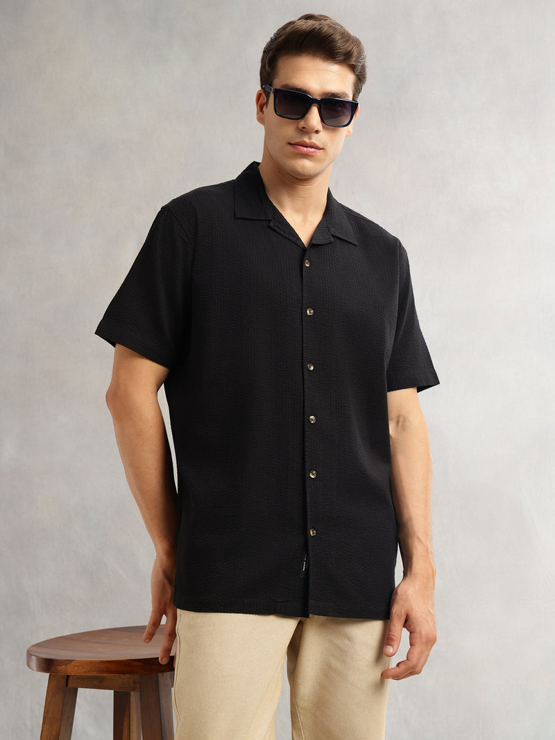 Thomas Scott Men Black Premium Oversized Fit Short Sleeves Cuban Collar 100% Cotton Seersucker Shirt